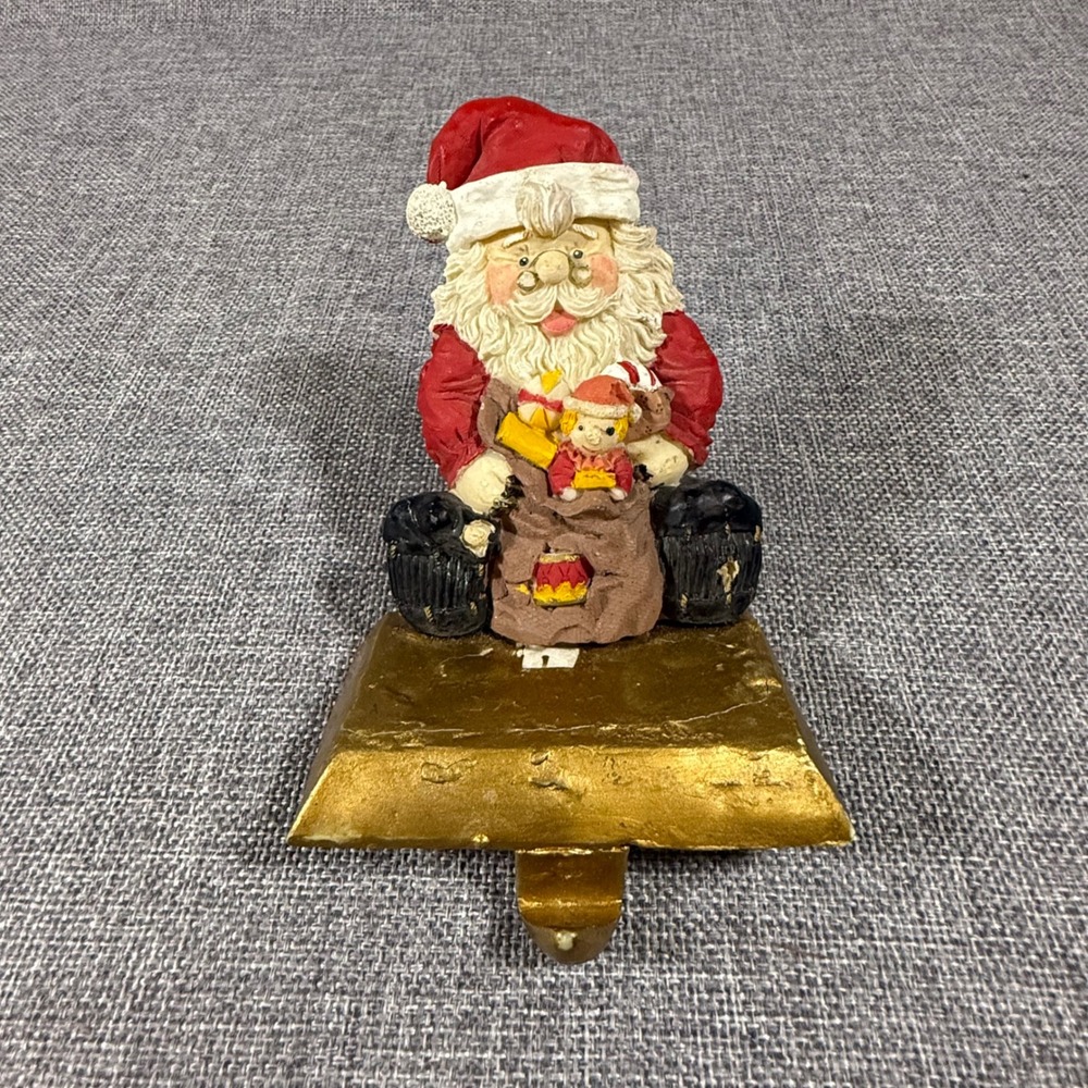 VTG Santa Claus Stocking Holder Hanger Gold Base Red Suit Rustic Holiday Decor